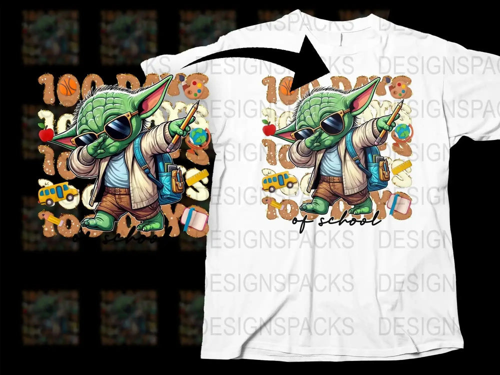 Baby Yoda 100 Days of School t-shirt design with sunglasses, backpack, and school supplies