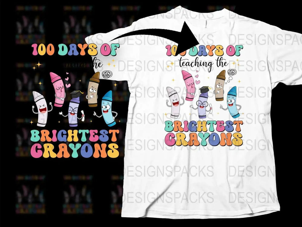 Teacher T-Shirt 100 Days of Teaching Brightest Crayons Graphic Tee Colorful School Apparel Fun Educator Gift