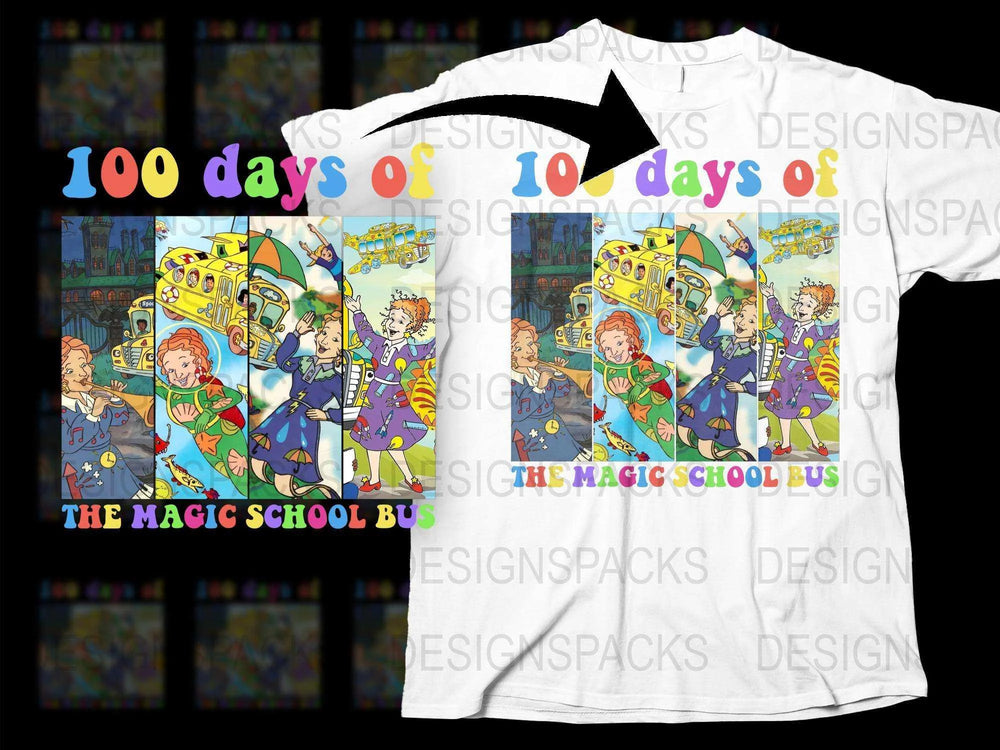 Magic School Bus T-Shirt, 100 Days of School Celebration, Colorful Cartoon Graphic Tee for Kids and Adults