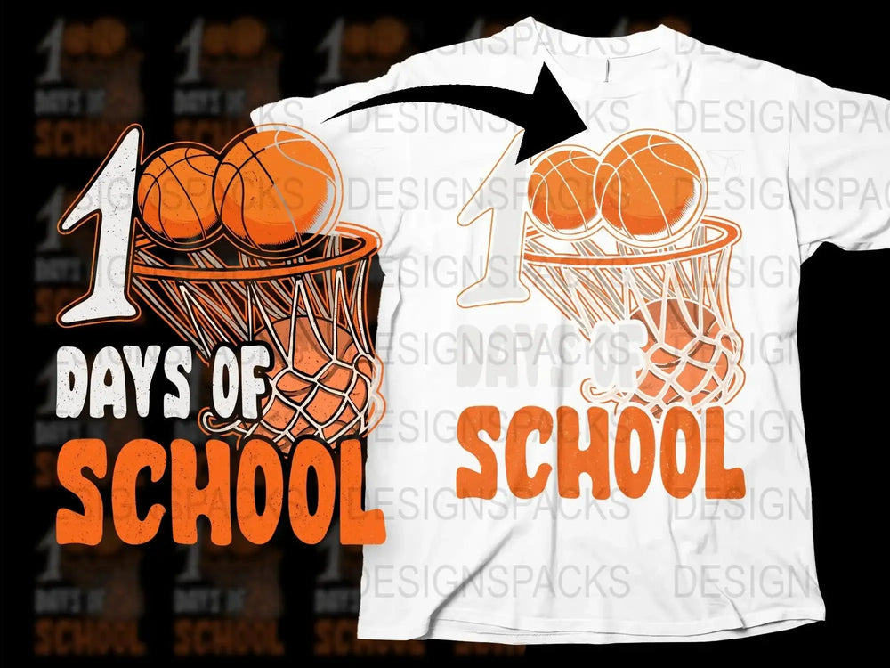 100 Days of School T-Shirt, Kids Basketball Celebration Tee, Orange Graphic Shirt for Students