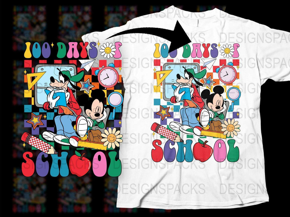 100 Days of School T-Shirt, Colorful Cartoon Character Celebration, Kids Educational Event Tee, Vibrant Graphic Design Shirt for Children