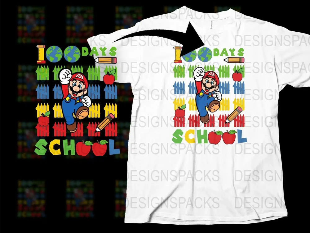 Colorful 100 Days of School T-Shirt, Super Mario Inspired Kids Tee, Fun Video Game Graphics, Educational Celebration Top