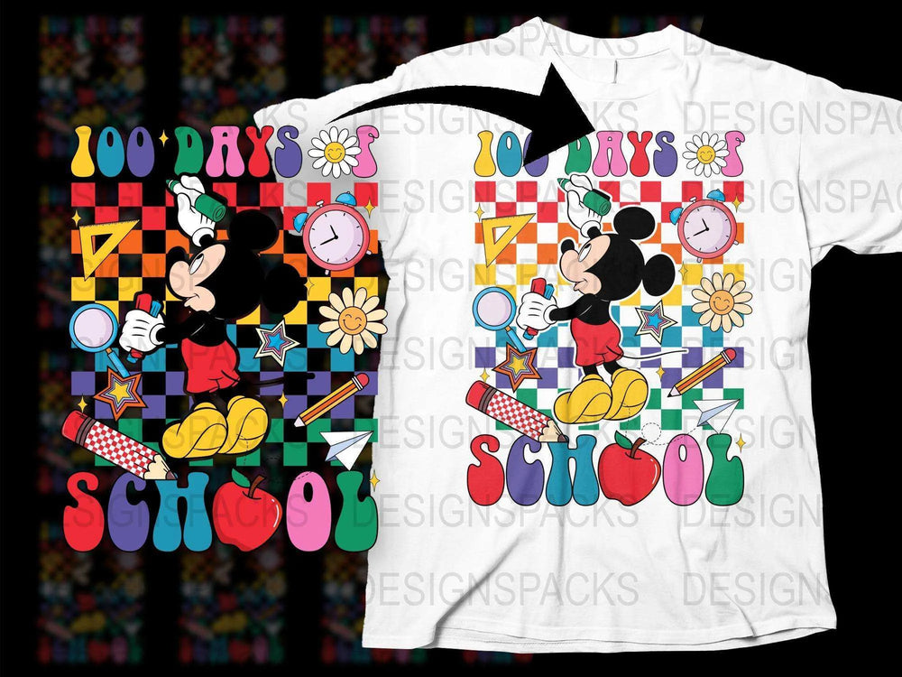 Colorful Mickey Mouse 100 Days of School T-Shirt, Fun Kids Cartoon Graphic Tee, Teacher Celebration Shirt
