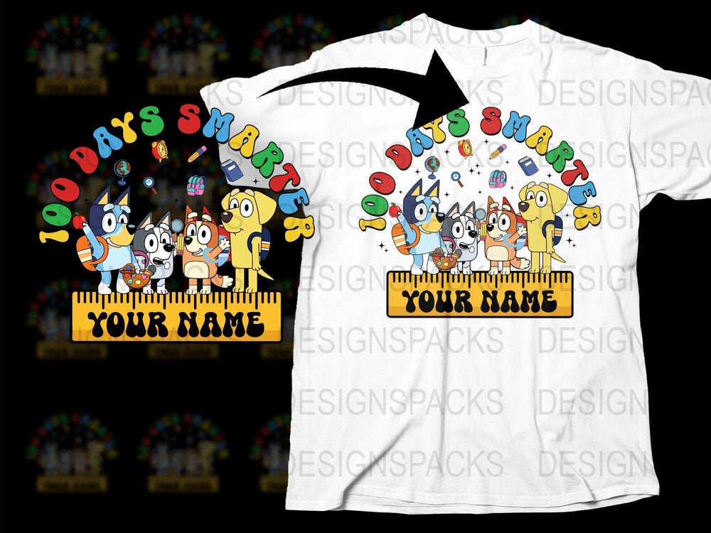 Kids 100 Days Smarter T-Shirt, Customizable Name, School Celebration, Colorful Cartoon Characters, Educational Graphic Tee