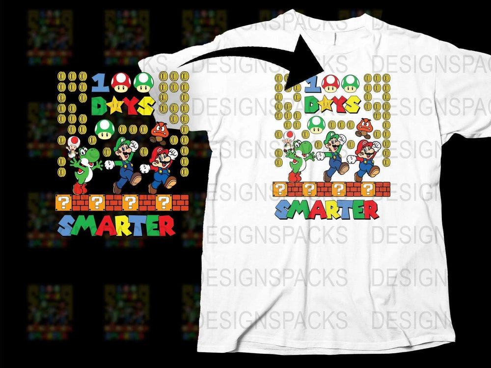 Colorful 100 Days Smarter T-Shirt, Kids School Celebration Tee with Mario and Luigi, Video Game Inspired Shirt for Students