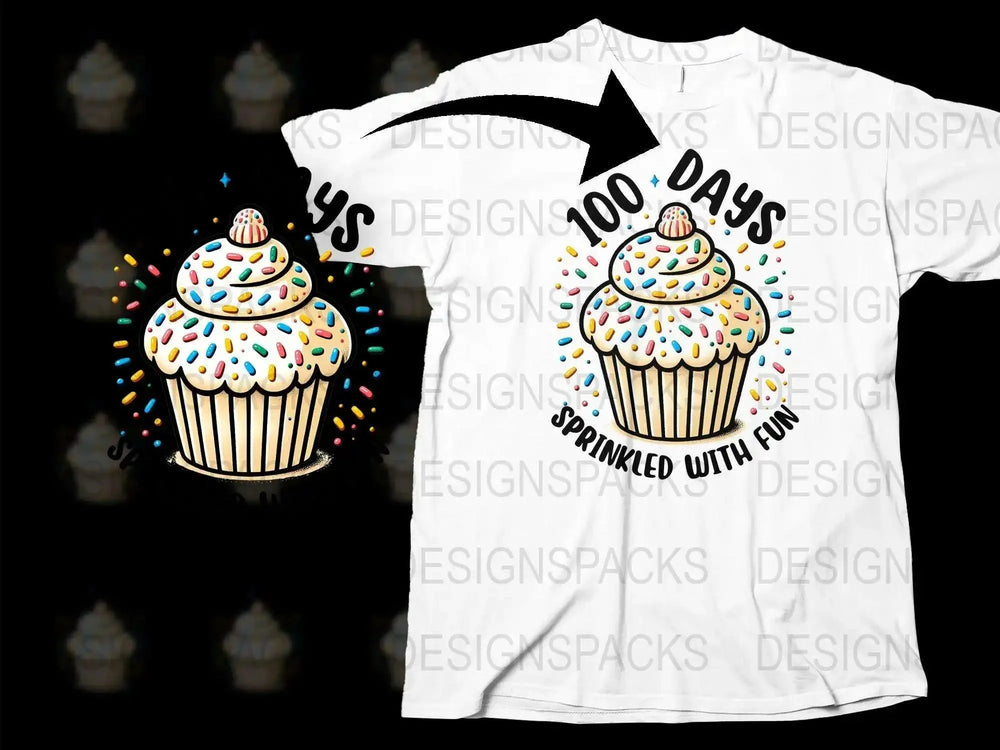 100 Days of School T-Shirt, Fun Sprinkled Cupcake Design, Colorful Kids Celebration Tee