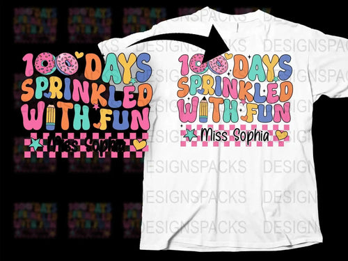 Customized 100 Days of School T-Shirt, Sprinkled With Fun, Personalized Kids Shirt, Colorful School Celebration Tee, Miss Sophia