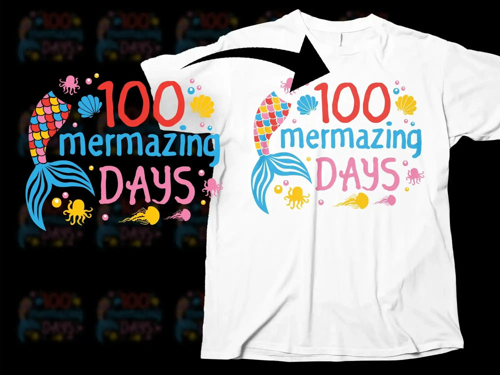 100 Mermaizing Days T-Shirt, Colorful Mermaid Tail Design, Kids School Celebration, Graphic Tee for Children