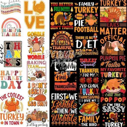 Thanksgiving-themed DTF/DTG designs with turkeys, pies, and festive quotes for print-ready apparel