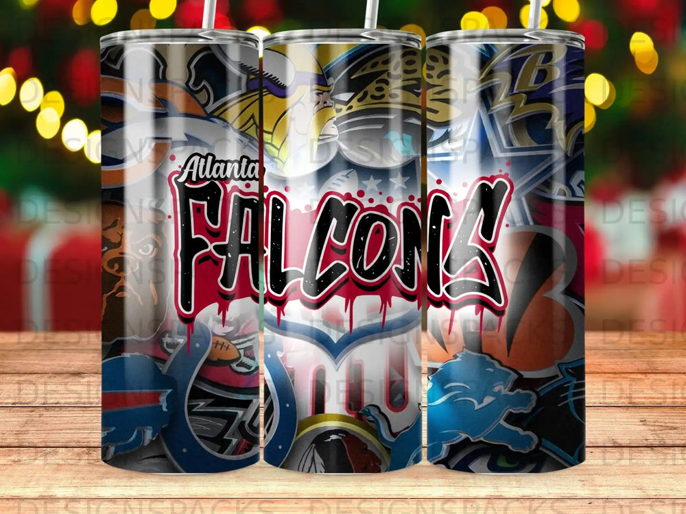 Atlanta Falcons logo on a patterned tumbler with various sports team logos.
