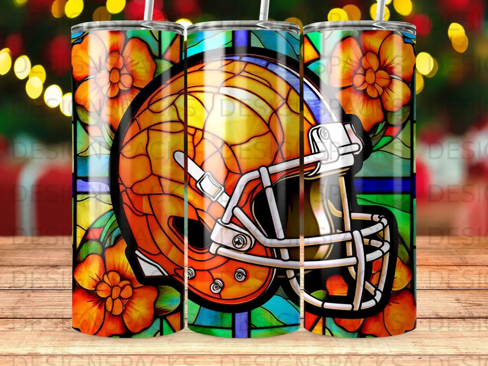 Football helmet with colorful floral stained glass pattern.