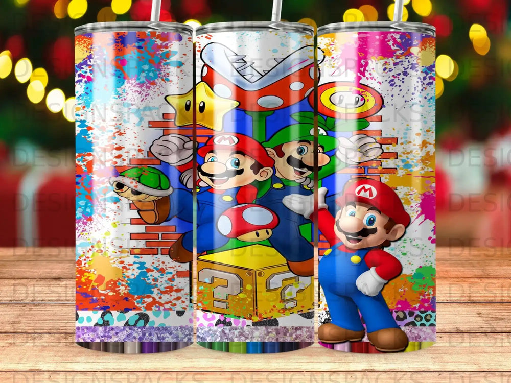 Super Mario characters with question block and colorful paint splatters.