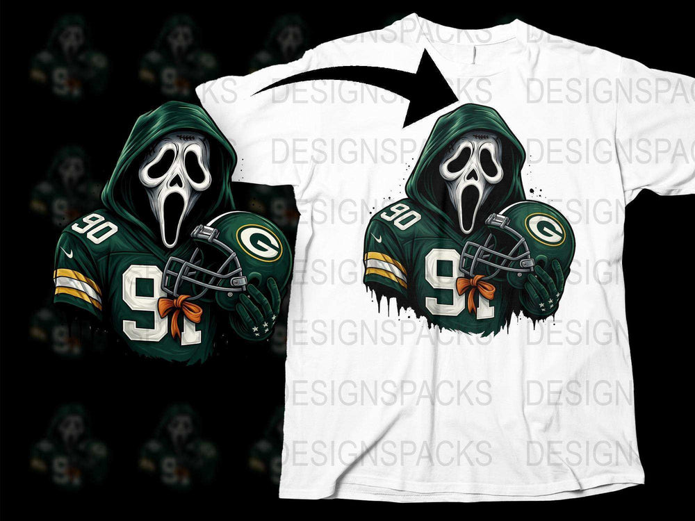 Green Bay Football Ghost Mask Graphic T-Shirt, Sports Fan Horror Apparel, Unique Team Support Design Shirt