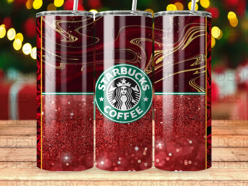 Starbucks coffee tumbler with glittery red and gold design.