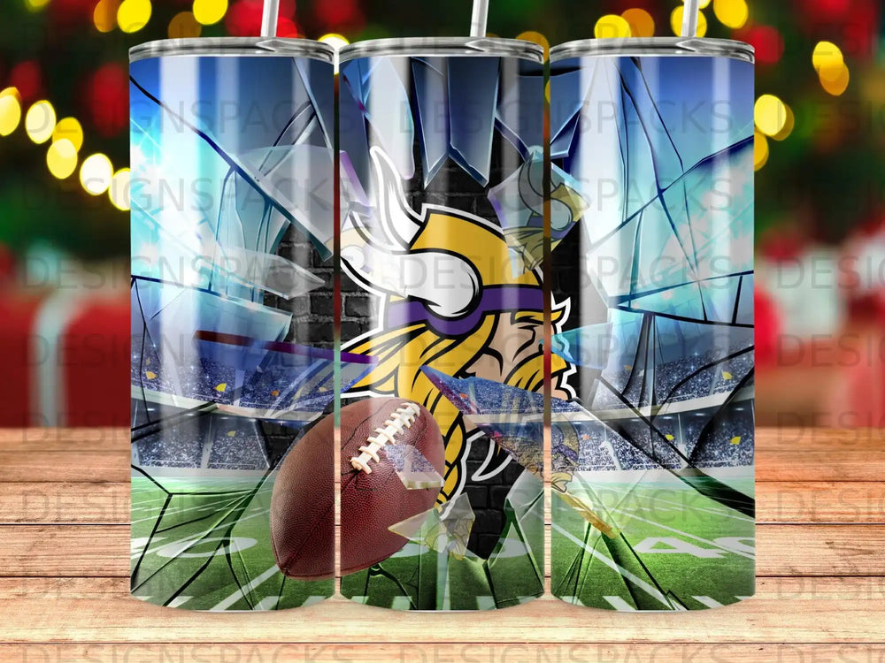 Minnesota Vikings logo on a shattered glass effect, with a football and stadium background.