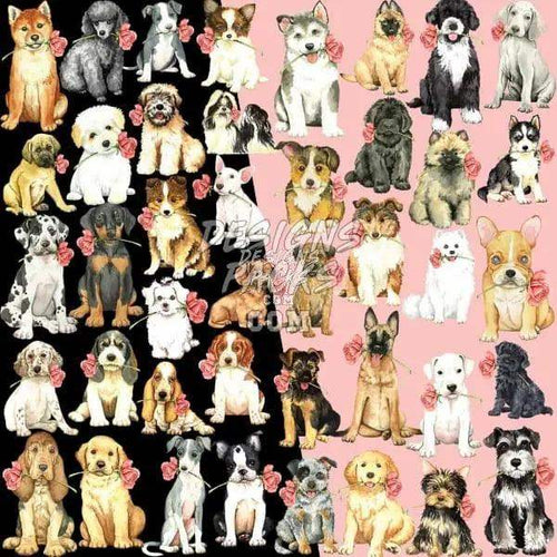 Cute dog breeds with roses, print-ready PNG designs for DTF, DTG, embroidery & tumbler wraps