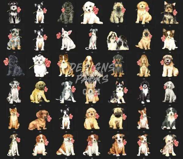 Cute puppy designs with roses, perfect for DTF, DTG, embroidery, and tumbler wraps.