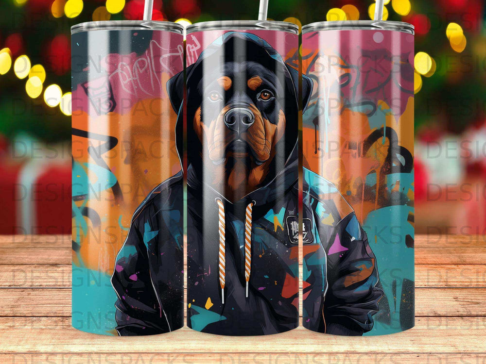 Rottweiler wearing a hoodie, centered on a colorful background with abstract designs.