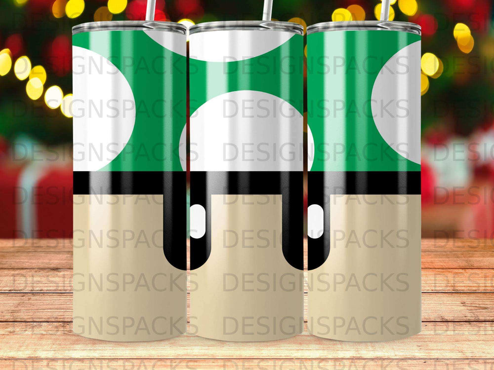 Tumbler with green, white, and tan abstract pattern.