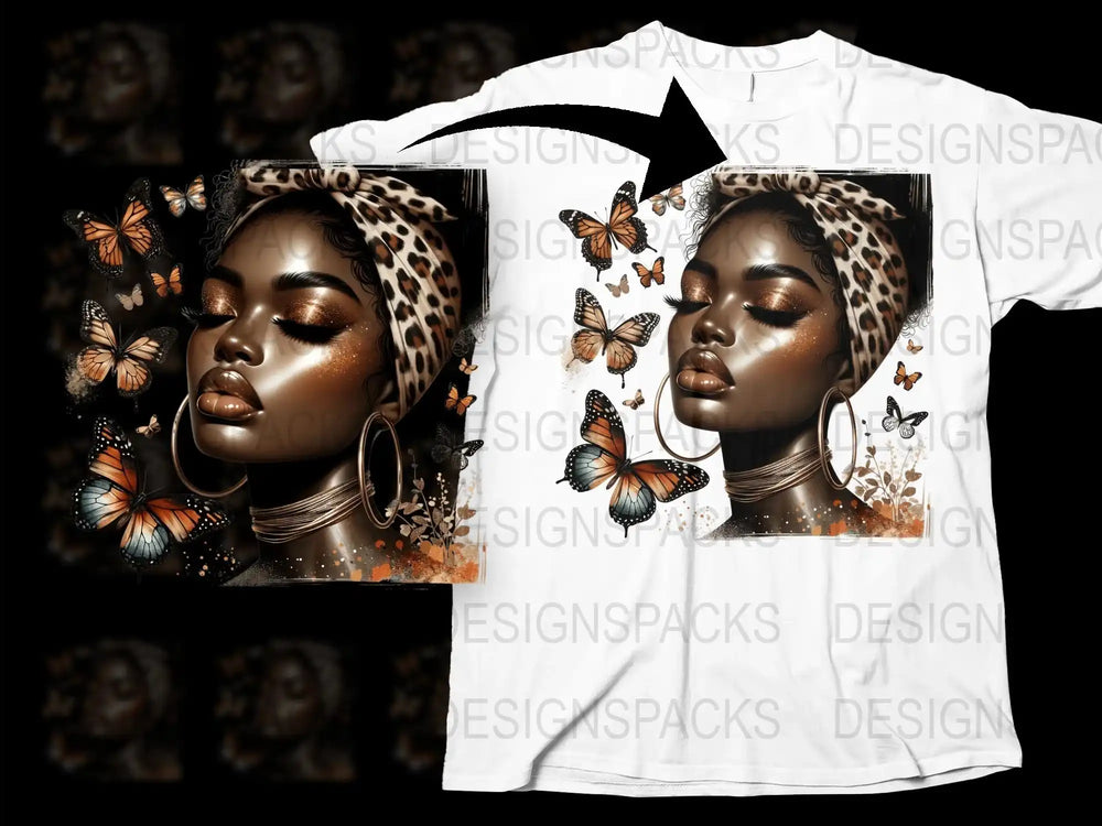 African Queen Butterfly Leopard Print Graphic T-Shirt, Women's Fashion Tee, Artistic Portrait Shirt, Unique Design Top