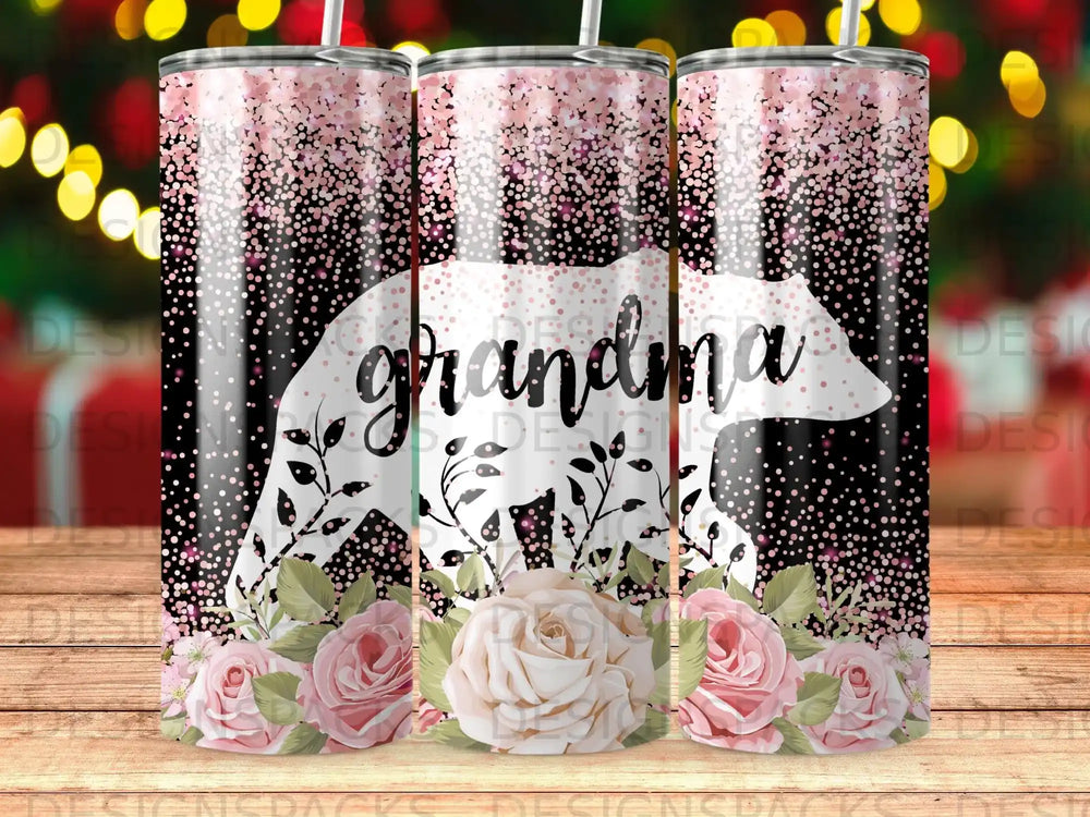 Floral tumbler with bear silhouette and "grandma" text.