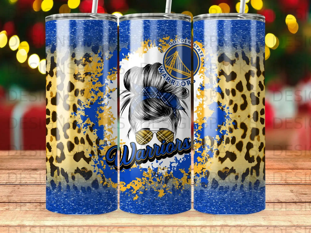 Golden State Warriors tumbler with leopard print and distressed blue design.