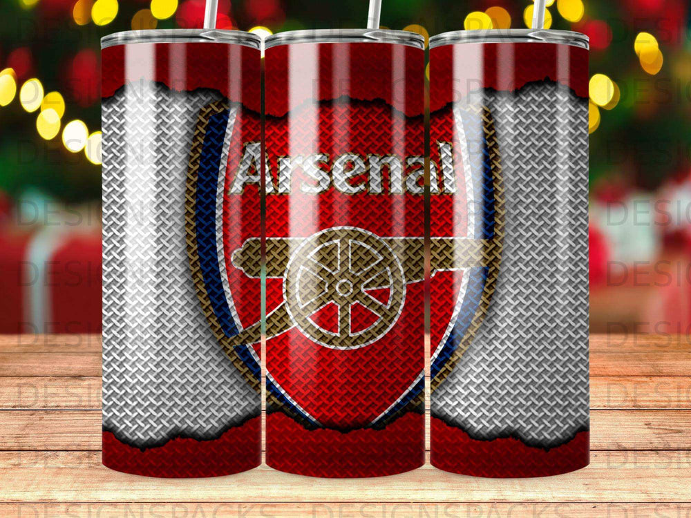 Arsenal Football Club logo on a textured tumbler.