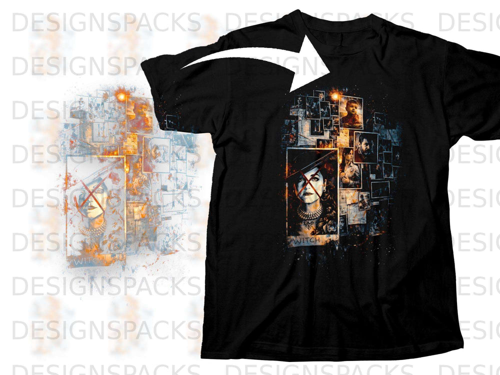 Black t-shirt with a collage of images featuring a woman and text that says "WITCH".