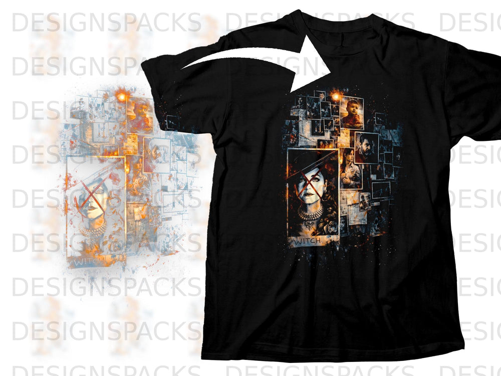 Black t-shirt with a collage of images featuring a woman and text that says "WITCH".