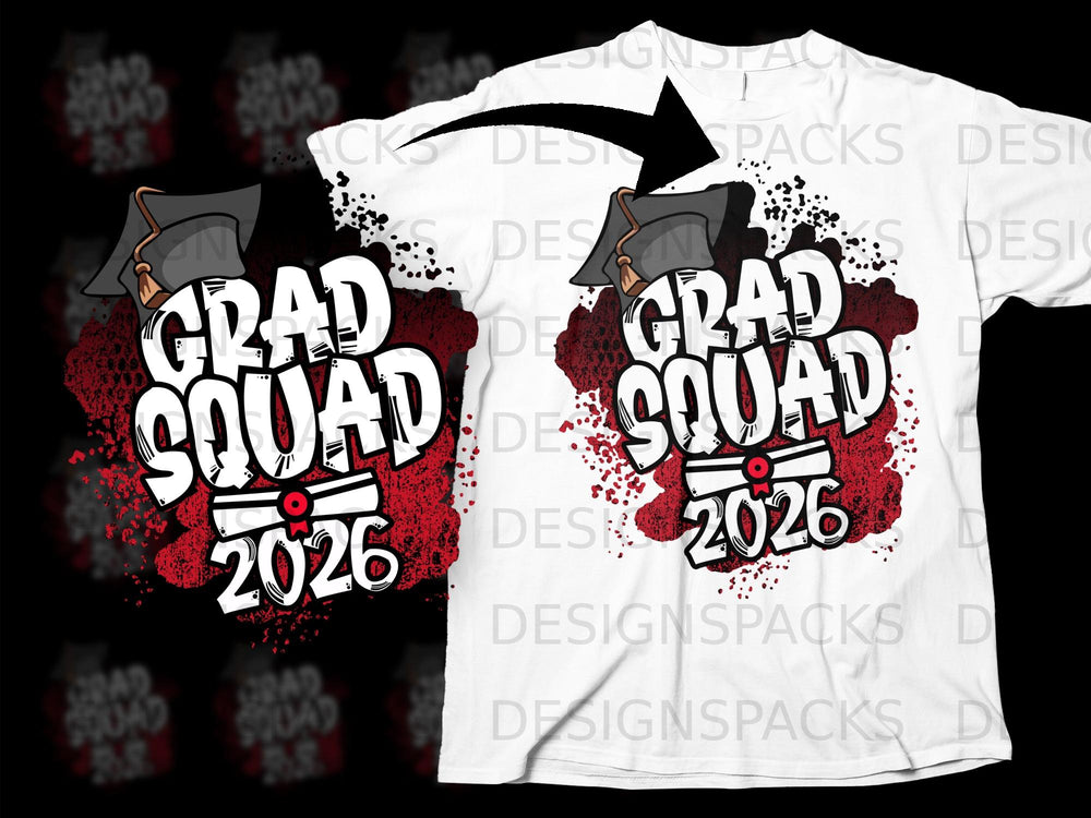 Grad Squad 2026 graphic with graduation cap and diploma scroll on a white t-shirt.