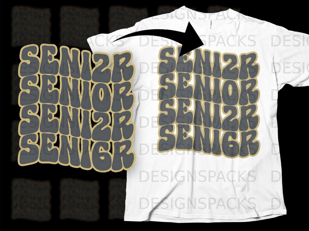 White t-shirt with "SENIOR" repeatedly printed in stacked gray and gold lettering.