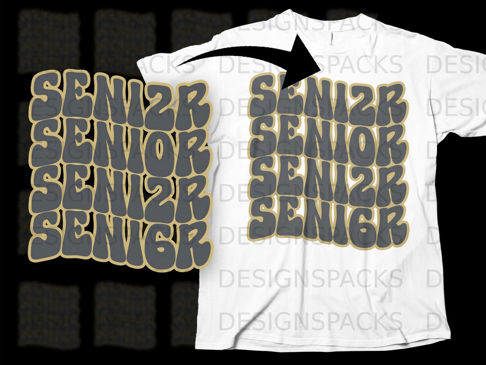White t-shirt with "SENIOR" repeatedly printed in stacked gray and gold lettering.