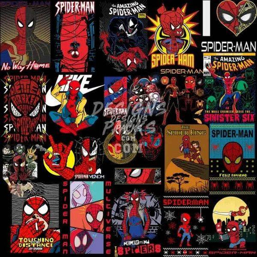 Spider-Man DTF/DTG designs bundle with Venom, Multiverse, and Sinister Six print-ready PNG SVG