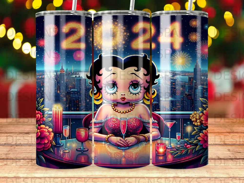 Betty Boop in sparkly dress at table with fireworks and city skyline.