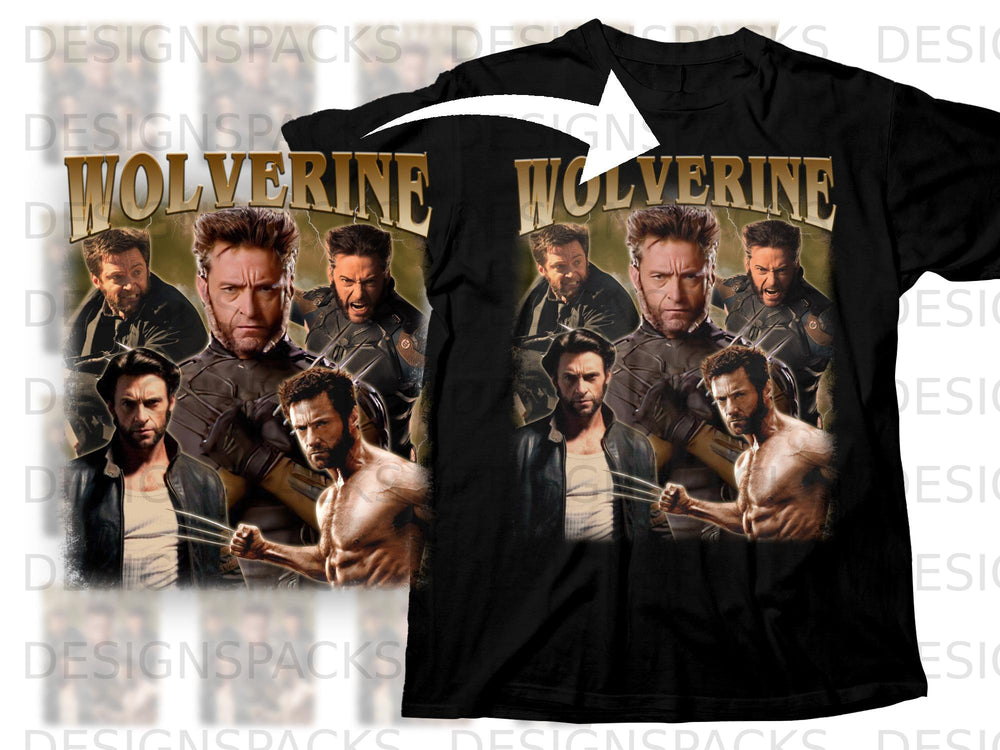 Black t-shirt featuring a collage of Wolverine poses with the "WOLVERINE" text.