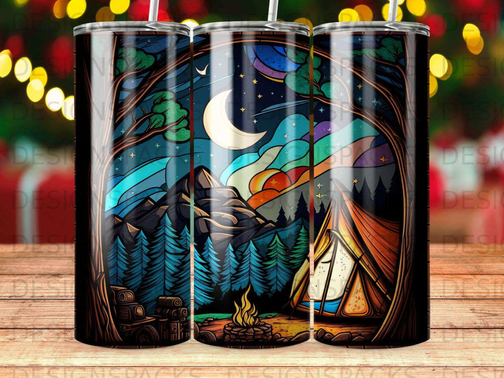 Forest campsite with tent, campfire, moon, mountains, and colorful sky.