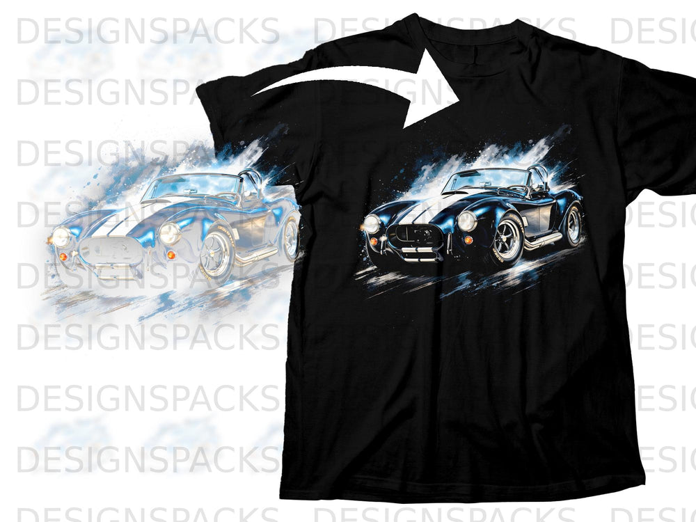 Black t-shirt with a blue vintage convertible sports car graphic.