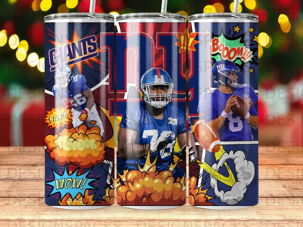 New York Giants players in action with "WOW!" and "BOOM!" comic book style graphics.