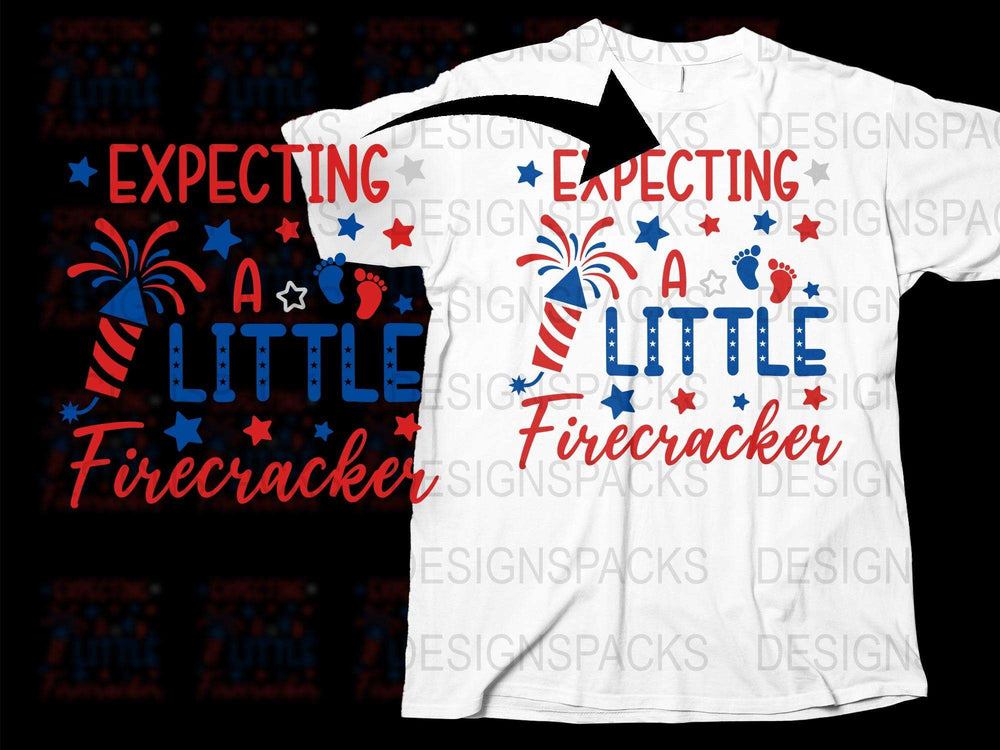 Expecting A Little Firecracker Pregnancy Announcement T-Shirt, 4th of July Maternity Tee, Patriotic Baby Reveal, Red White and Blue, Stars