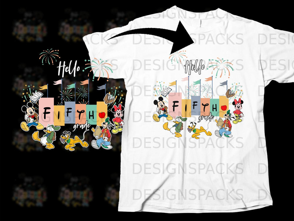 Mickey Mouse characters celebrate "Hello Fifth Grade" with fireworks and books.