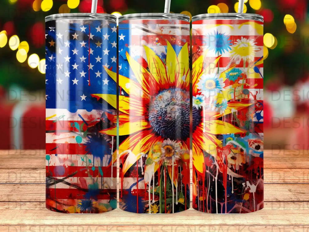 Sunflower and American flag tumbler with colorful paint splatters.