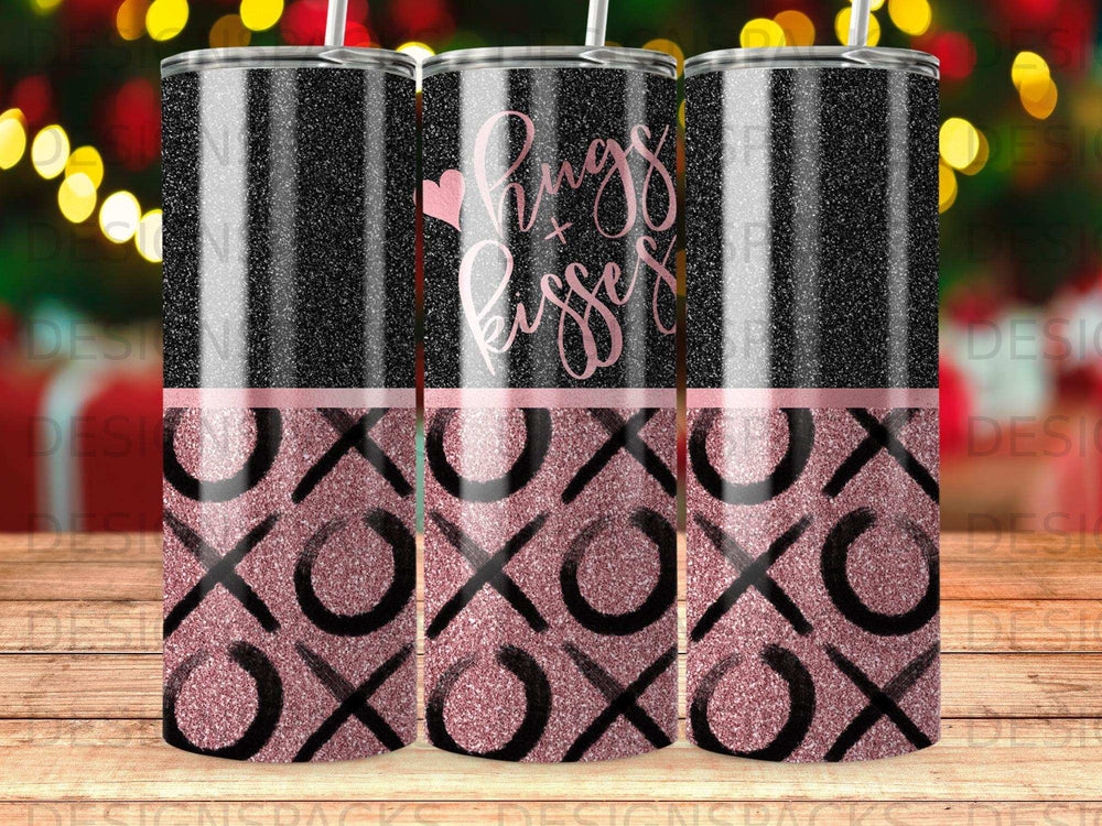 Hugs and kisses design on sparkling pink and black tumblers.