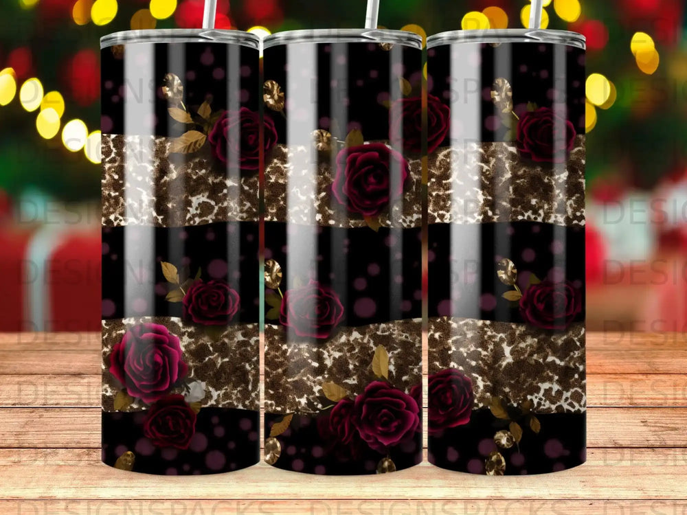 Tumbler with dark roses, leopard print, and gold floral accents.