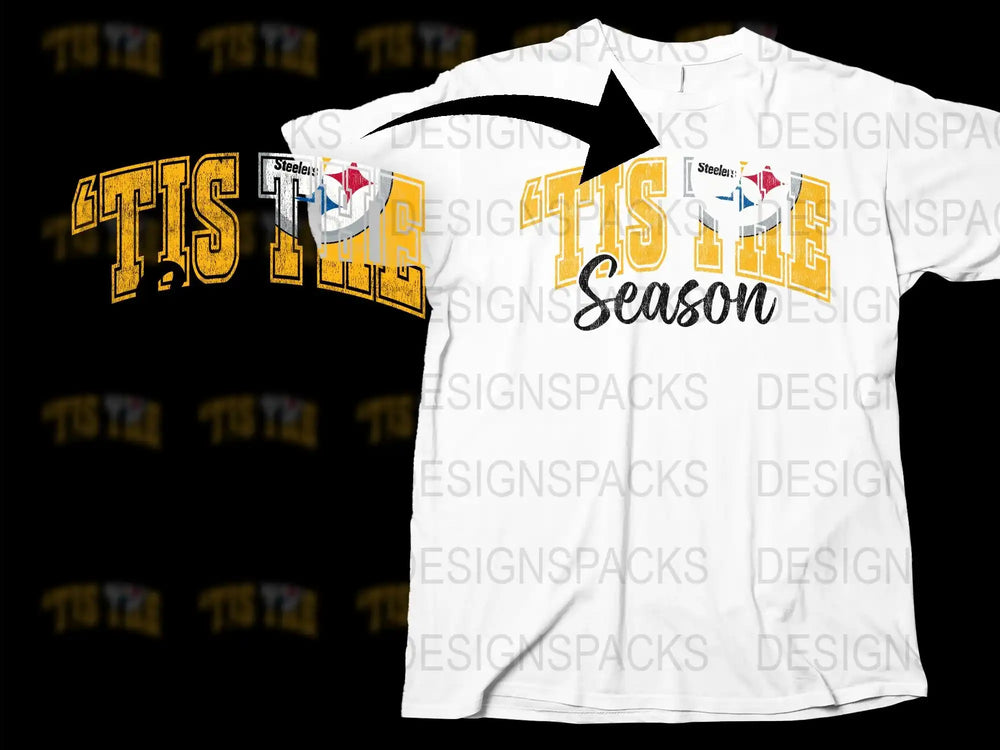 Steelers Holiday T-Shirt 'Tis The Season Graphic Tee, Football Fan Christmas Gift, Festive Winter Apparel, Yellow Black White