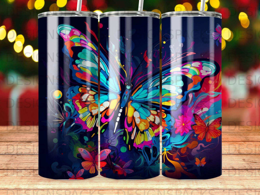 Colorful butterfly with abstract floral patterns on a dark background.