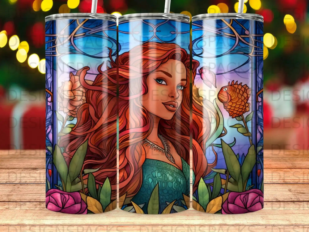 Stained glass tumbler design with Ariel from The Little Mermaid.