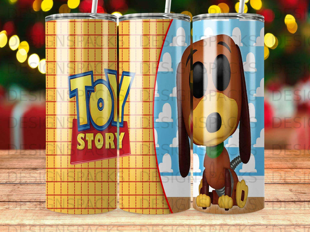 Toy Story tumbler with Woody, Slinky Dog, and plaid pattern.