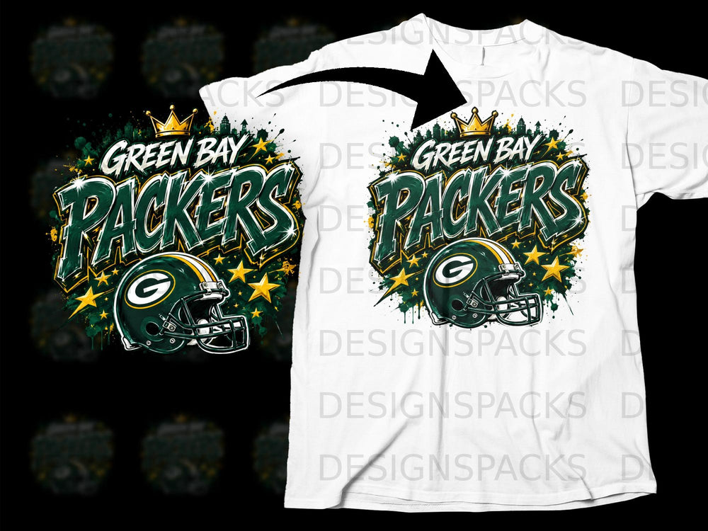 Green Bay Packers logo with helmet and stars on a white t-shirt mockup.
