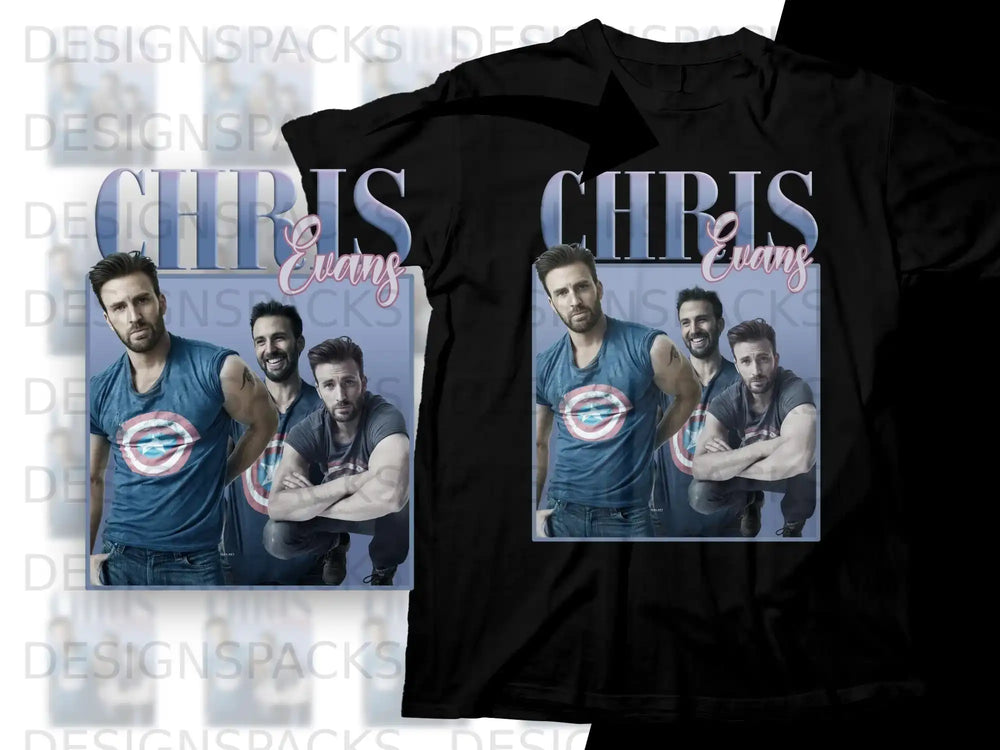 Chris Evans graphic t-shirt with Captain America shield.