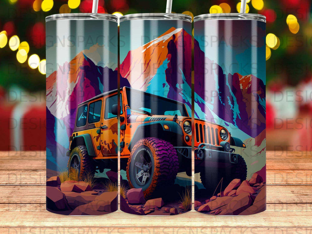 Orange Jeep Wrangler parked on rocky terrain with colorful mountain background.